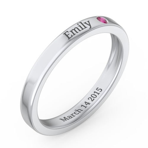 Stackable Birthstone Ring with Engraving – Sterling Silver with Ruby
