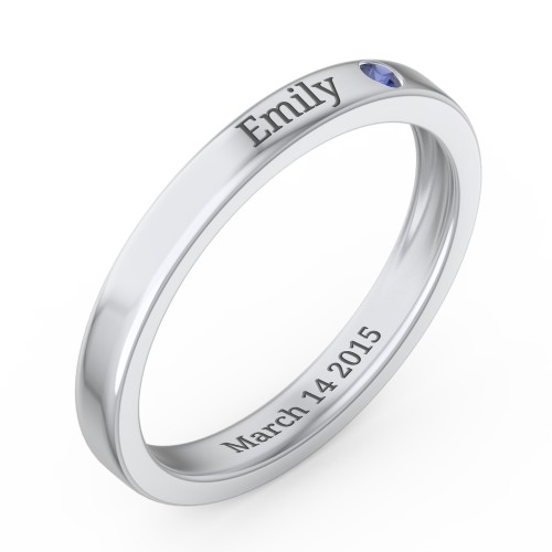 Stackable Birthstone Ring with Engraving – Sterling Silver with Blue Sapphire
