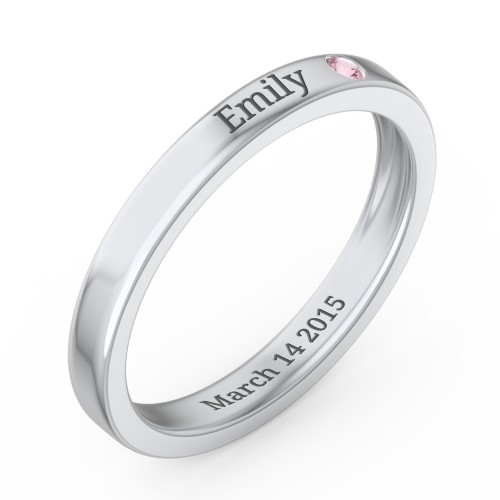 Stackable Birthstone Ring with Engraving – Sterling Silver with Pink Tourmaline
