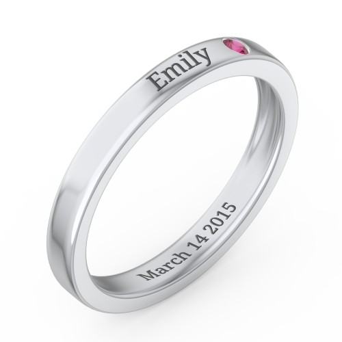 Stackable Birthstone Ring with Engraving – Sterling Silver with Ruby