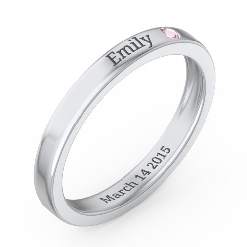 Stackable Birthstone Ring with Engraving – Sterling Silver with Pink Tourmaline