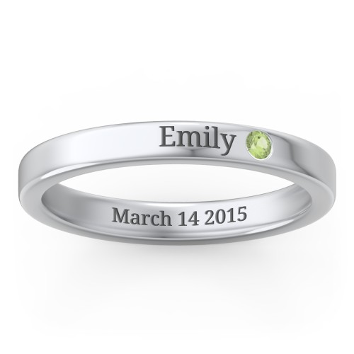 Stackable Birthstone Ring with Engraving – Sterling Silver with Peridot