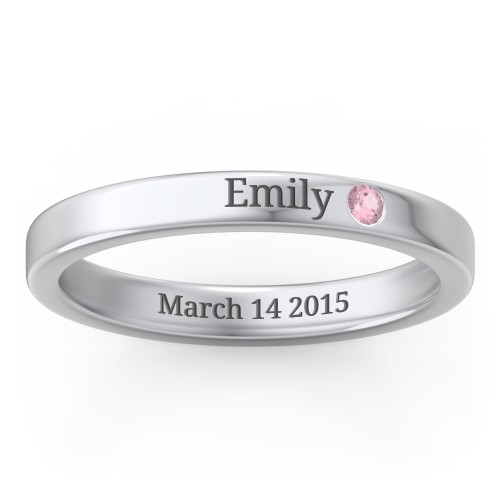 Stackable Birthstone Ring with Engraving – Sterling Silver with Pink Tourmaline