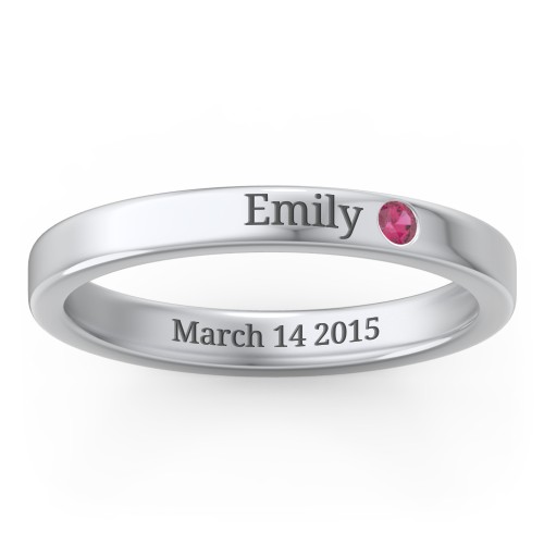 Stackable Birthstone Ring with Engraving – Sterling Silver with Ruby