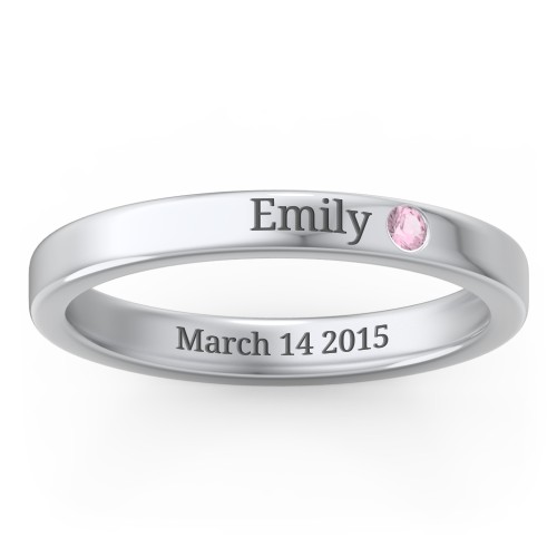 Stackable Birthstone Ring with Engraving – Sterling Silver with Pink Tourmaline