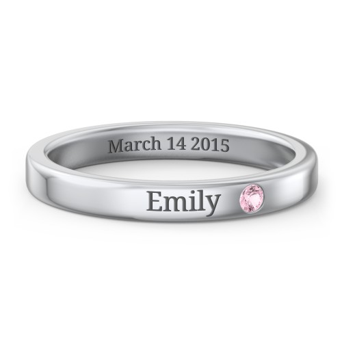 Stackable Birthstone Ring with Engraving – Sterling Silver with Pink Tourmaline
