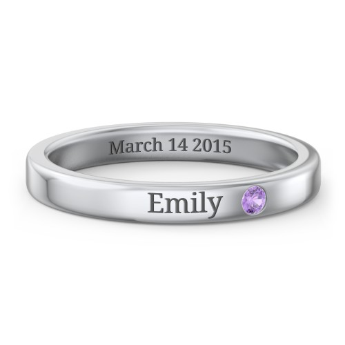 Stackable Birthstone Ring with Engraving – Sterling Silver with Amethyst