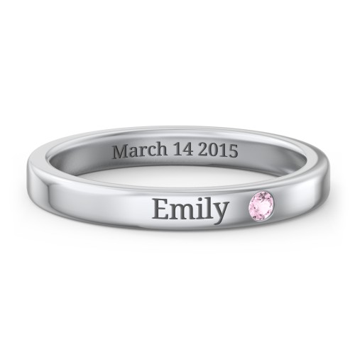 Stackable Birthstone Ring with Engraving – Sterling Silver with Pink Tourmaline