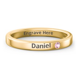 Stackable Birthstone Ring with Engraving in 10K Solid Yellow Gold with Pink Tourmaline