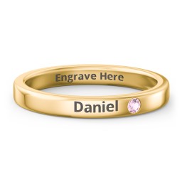 Stackable Birthstone Ring with Engraving in 10K Solid Yellow Gold with Pink Tourmaline