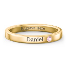 Stackable Birthstone Ring with Engraving in 10K Solid Yellow Gold with Pink Tourmaline