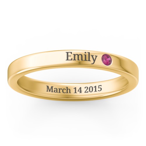 Stackable Birthstone Ring with Engraving – 10K Yellow Gold with Ruby