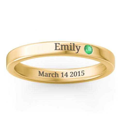 Stackable Birthstone Ring with Engraving – 10K Yellow Gold with Emerald