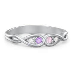 Double Infinity Birthstone Ring with Accents – Sterling Silver with Amethyst, Pink Tourmaline, and White Premium Zirconia