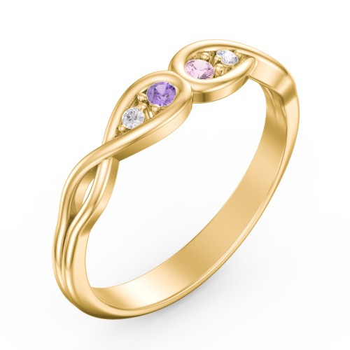 Double Infinity Birthstone Ring with Accents – 10K Yellow Gold with Amethyst, Pink Tourmaline, and White Premium Zirconia