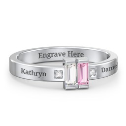Baguette Birthstone Ring with Accents in 925 Sterling Silver with Cubic Zirconia, Pink Tourmaline, and White Premium Zirconia