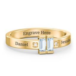 Baguette Birthstone Ring with Accents in 18K Gold Plated Silver with Aquamarine and White Premium Zirconia