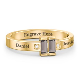 Baguette Birthstone Ring with Accents in 18K Gold Plated Silver with Smokey Quartz and White Premium Zirconia