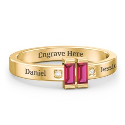 Baguette Birthstone Ring with Accents in 18K Gold Plated Silver with Ruby and White Premium Zirconia