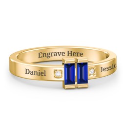 Baguette Birthstone Ring with Accents in 18K Gold Plated Silver with Blue Sapphire and White Premium Zirconia
