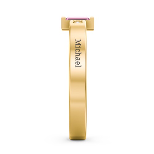 Baguette Birthstone Ring with Accents – 10K Yellow Gold with Cubic Zirconia, Pink Tourmaline, and White Premium Zirconia