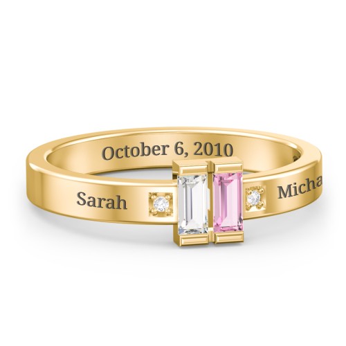 Baguette Birthstone Ring with Accents – 10K Yellow Gold with Cubic Zirconia, Pink Tourmaline, and White Premium Zirconia