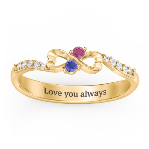 Infinity Heart Ring with Accents – 10K Yellow Gold with Blue Sapphire, Ruby, and White Premium Zirconia