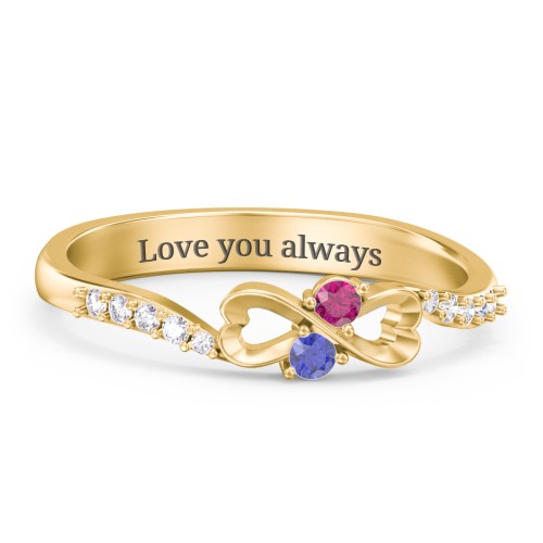 Infinity Heart Ring with Accents – 10K Yellow Gold with Blue Sapphire, Ruby, and White Premium Zirconia