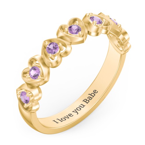 Multi-Heart Ring with Birthstones – 10K Yellow Gold with Amethyst