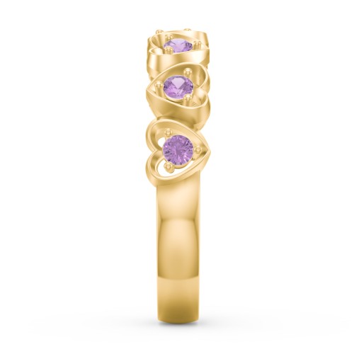 Multi-Heart Ring with Birthstones – 10K Yellow Gold with Amethyst