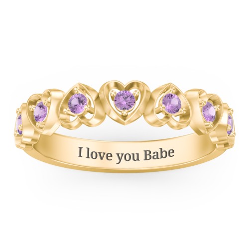 Multi-Heart Ring with Birthstones – 18K Gold Plated Silver with Amethyst
