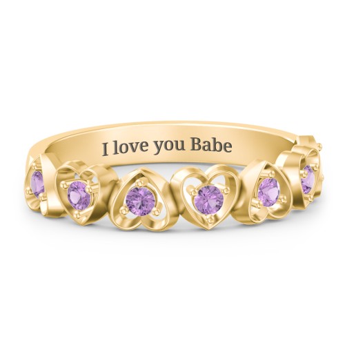 Multi-Heart Ring with Birthstones – 10K Yellow Gold with Amethyst
