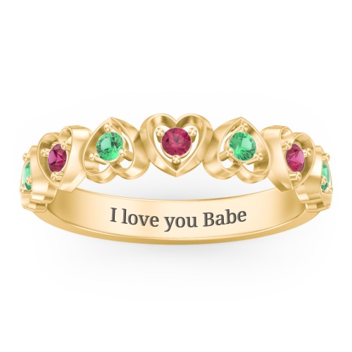 Multi-Heart Ring with Birthstones – 18K Gold Plated Silver with Emerald and Ruby