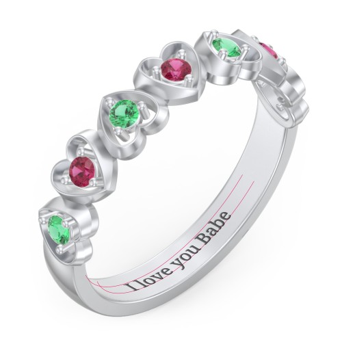 Multi-Heart Ring with Birthstones – Sterling Silver with Emerald and Ruby