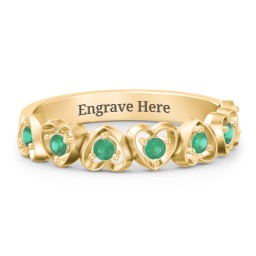 Multi-Heart Ring with Birthstones in 10K Solid Yellow Gold with Emerald