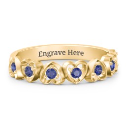 Multi-Heart Ring with Birthstones in 10K Solid Yellow Gold with Blue Sapphire