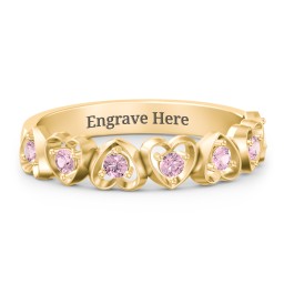 Multi-Heart Ring with Birthstones in 10K Solid Yellow Gold with Pink Tourmaline
