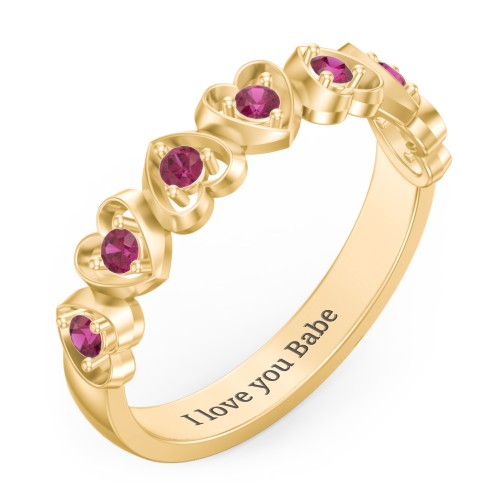 Multi-Heart Ring with Birthstones – 10K Yellow Gold with Ruby