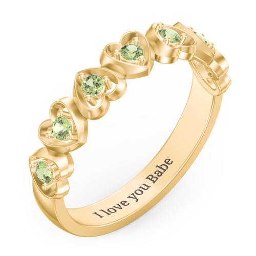 Multi-Heart Ring with Birthstones – 10K Yellow Gold with Peridot