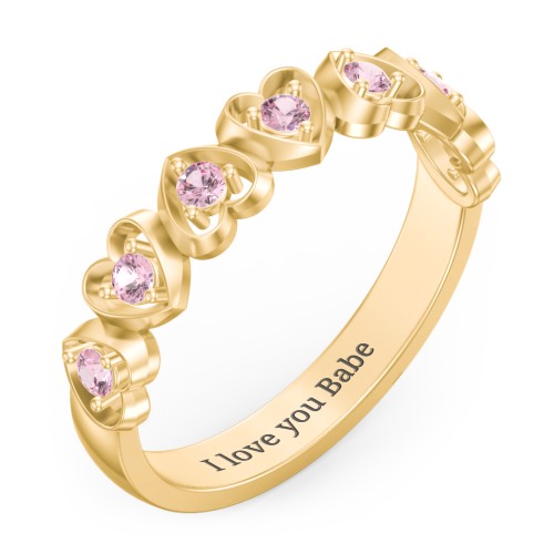 Multi-Heart Ring with Birthstones – 10K Yellow Gold with Pink Tourmaline