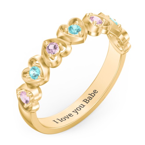 Multi-Heart Ring with Birthstones – 10K Yellow Gold with Pink Tourmaline and Mint Premium Zirconia
