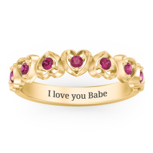 Multi-Heart Ring with Birthstones – 10K Yellow Gold with Ruby