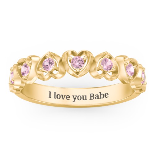 Multi-Heart Ring with Birthstones – 10K Yellow Gold with Pink Tourmaline