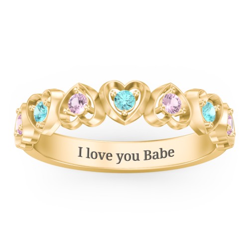 Multi-Heart Ring with Birthstones – 10K Yellow Gold with Pink Tourmaline and Mint Premium Zirconia