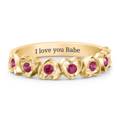 Multi-Heart Ring with Birthstones – 10K Yellow Gold with Ruby