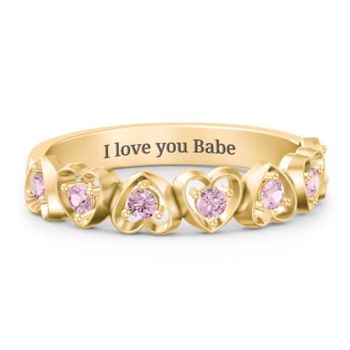 Multi-Heart Ring with Birthstones – 10K Yellow Gold with Pink Tourmaline