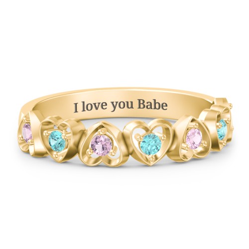 Multi-Heart Ring with Birthstones – 10K Yellow Gold with Pink Tourmaline and Mint Premium Zirconia
