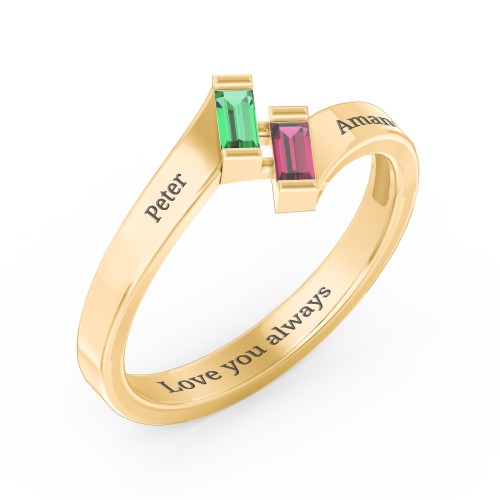 Engravable Slanted Baguette Ring – 10K Yellow Gold with Emerald and Ruby