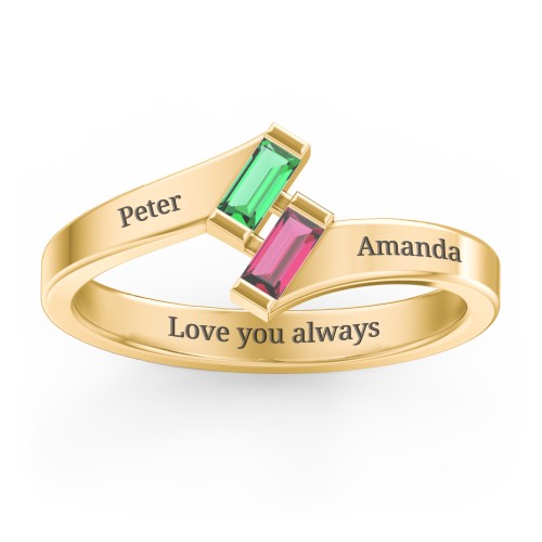 Engravable Slanted Baguette Ring – 10K Yellow Gold with Emerald and Ruby