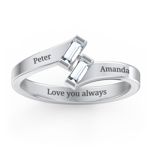 Engravable Slanted Baguette Ring – Sterling Silver with Aquamarine